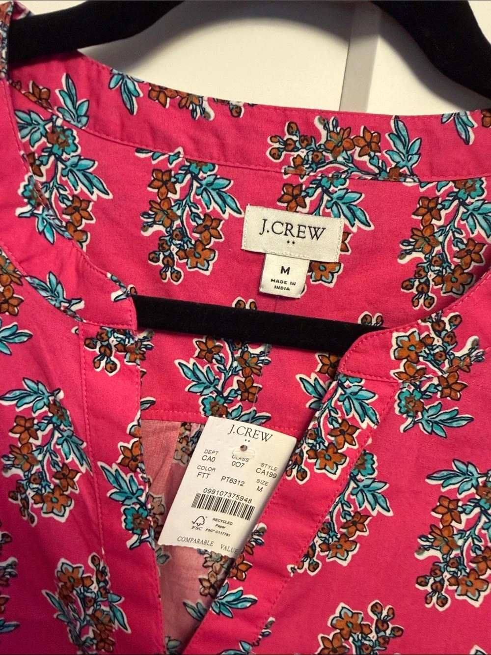J. Crew Bright Pink Floral V-Neck Short Sleeve Blouse